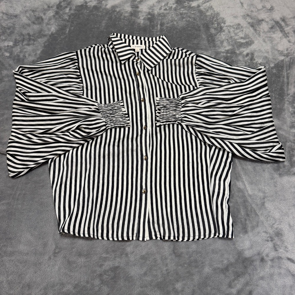Black White Striped SZ Large Balloon Sleeve Button Down Blouse Business